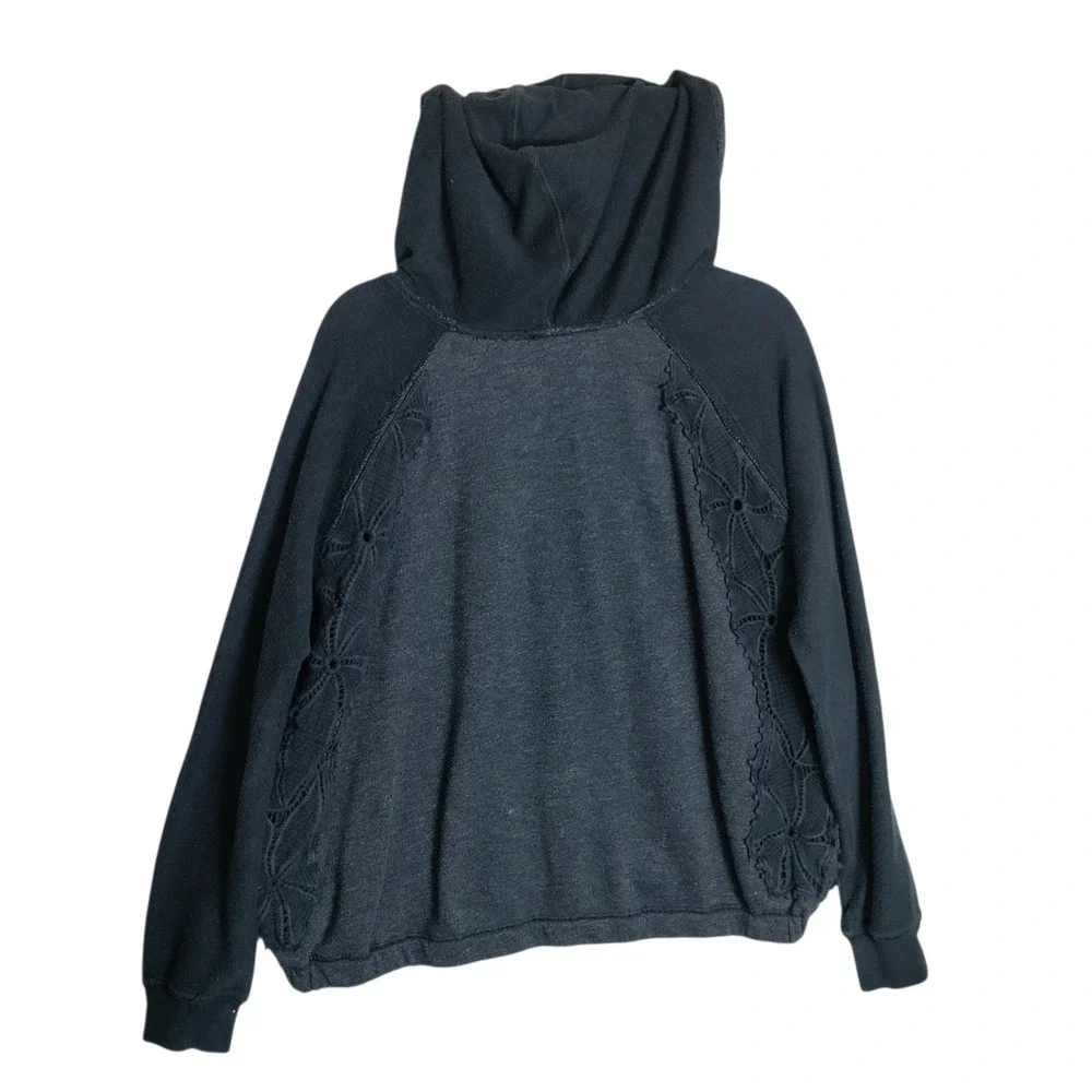 Free People Crochet Lace Raglan Hoodie Charcoal Gray Black Sweatshirt Medium